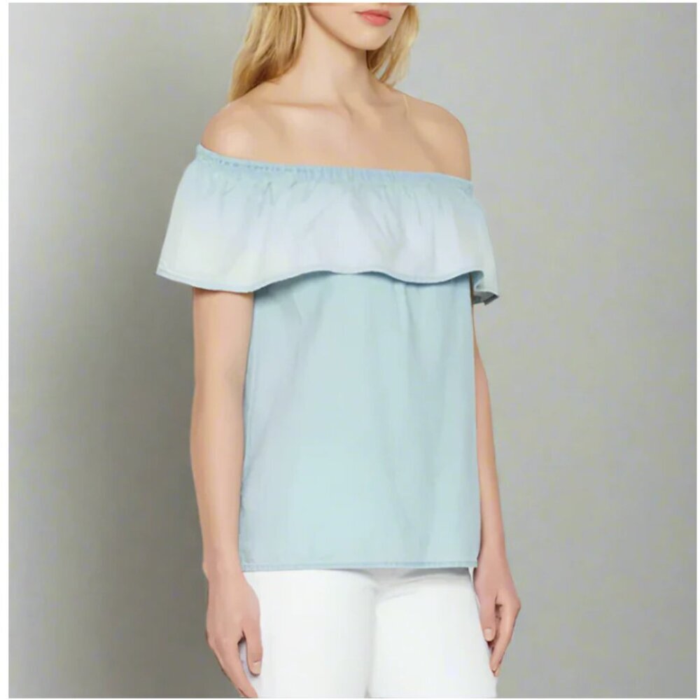 Soft Joie Off Shoulder Blouse Womens Blue Ruffle Cotton Chambray Relaxed Top